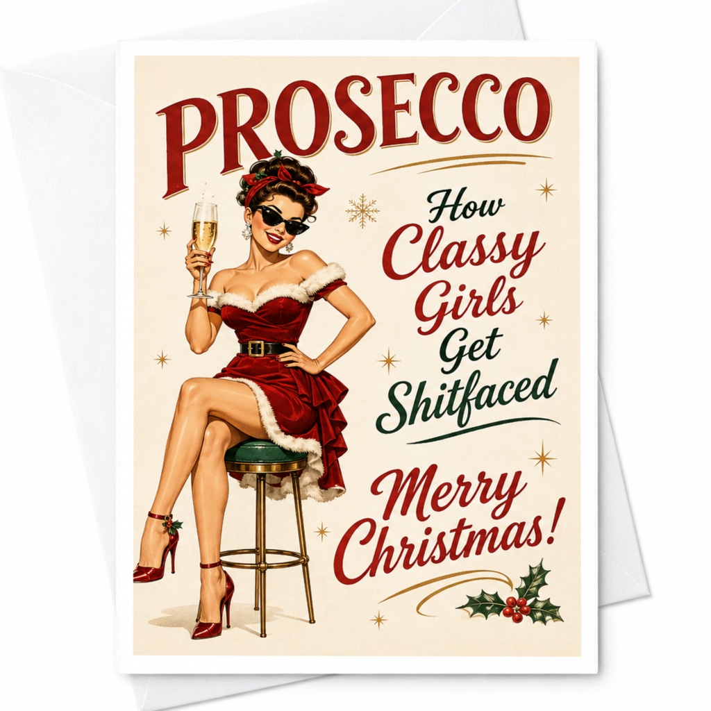 Prosecco How Classy Girls Get Shitfaced Merry Christmas! Funny Christmas Card Vintage Pin-Up Holiday For Her C7089