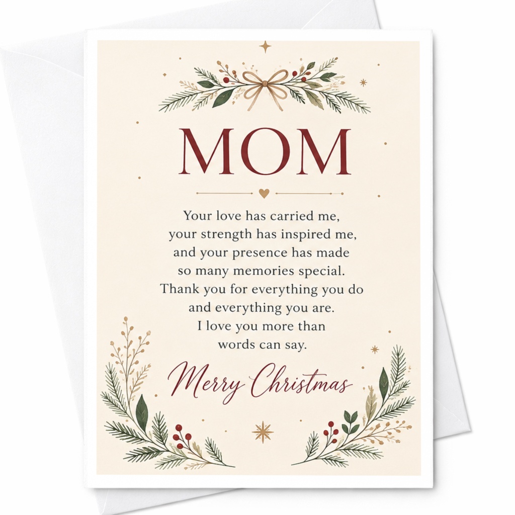 Mom Merry Christmas Card Floral For Mom Heartfelt Holiday Greeting Card From Daughter Son Family C7091