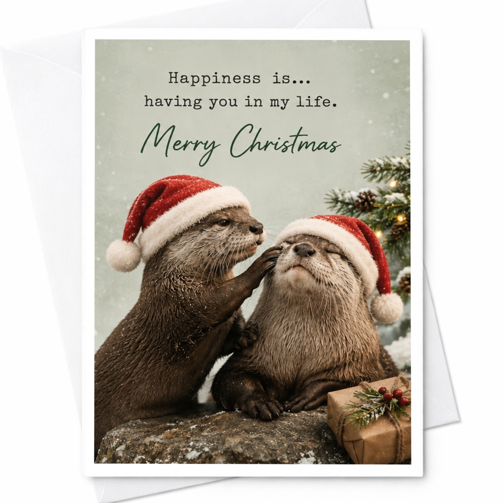 Happiness Is... Having You In My Life. Merry Christmas Cute Otter Christmas Card Animal Lover Holiday Greeting Card For Her Him C7062