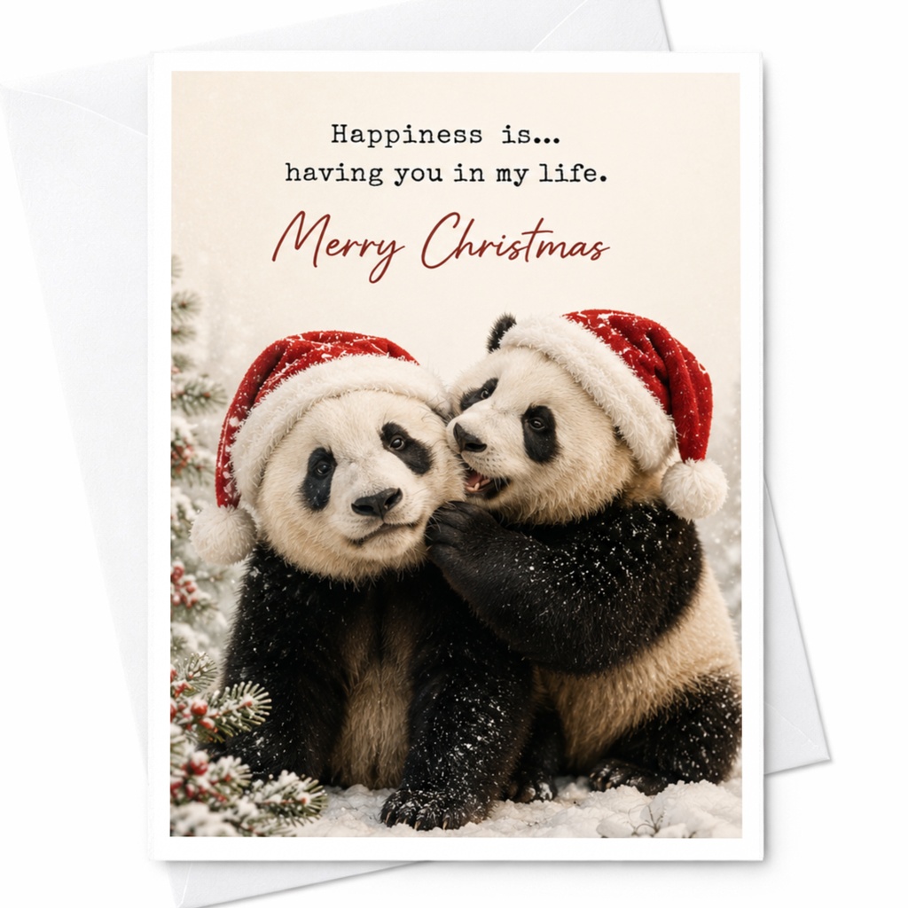 Happiness Is... Having You In My Life. Merry Christmas Cute Panda Christmas Card Adorable Holiday Greeting Card For Animal Lover C7067