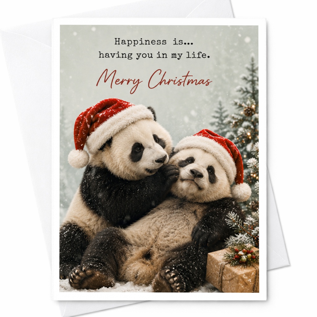 Happiness Is... Having You In My Life. Merry Christmas Cute Panda Christmas Card Adorable Holiday Greeting Card For Animal Lover C7068