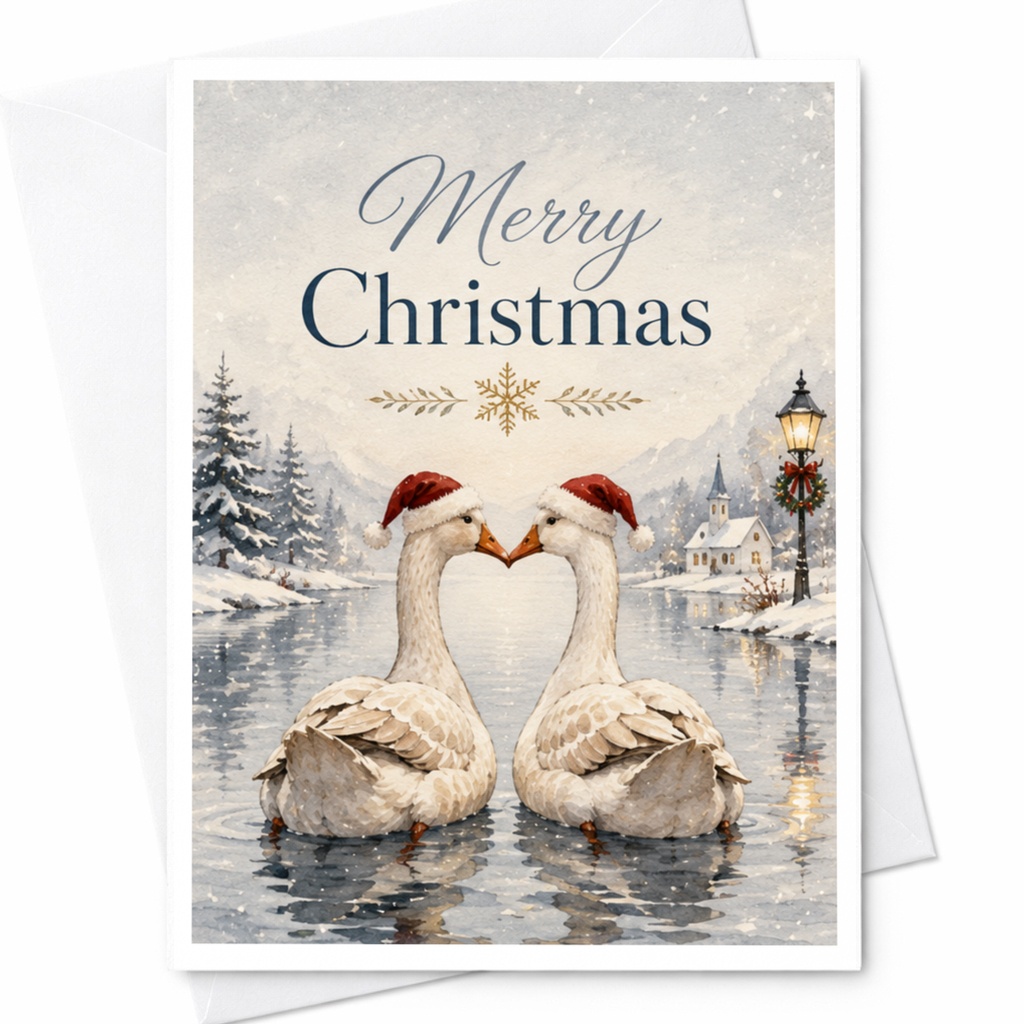 Merry Christmas Card Cute Swans With Santa Hats Holiday Greeting Card Winter Scene For Couple Romantic Christmas Card C7098