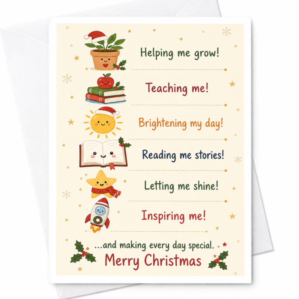 Helping Me Grow Teaching Me Brightening My Day Merry Christmas Card Cute Holiday Greeting Card For Teacher Appreciation C7099