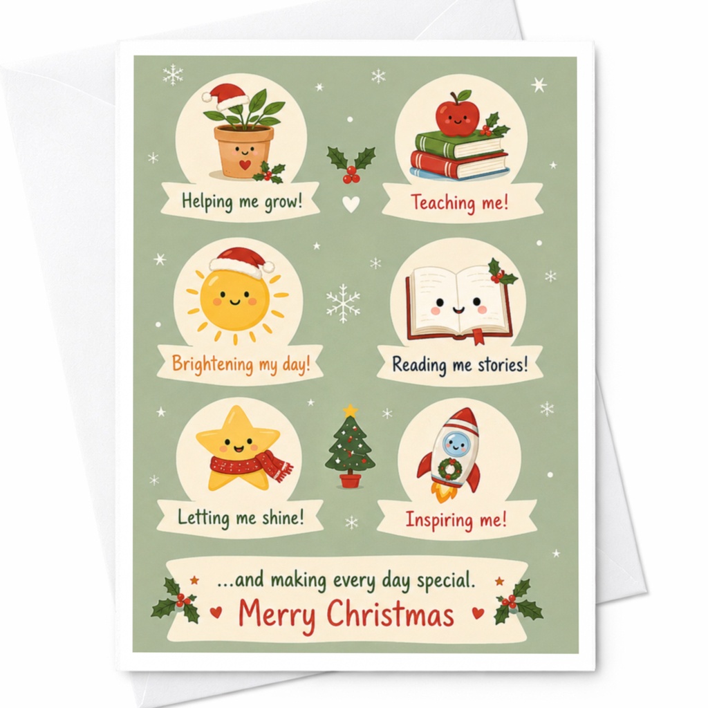 Helping Me Grow Merry Christmas Card Cute Educational Theme Holiday Greeting Card For Teacher Appreciation C7100