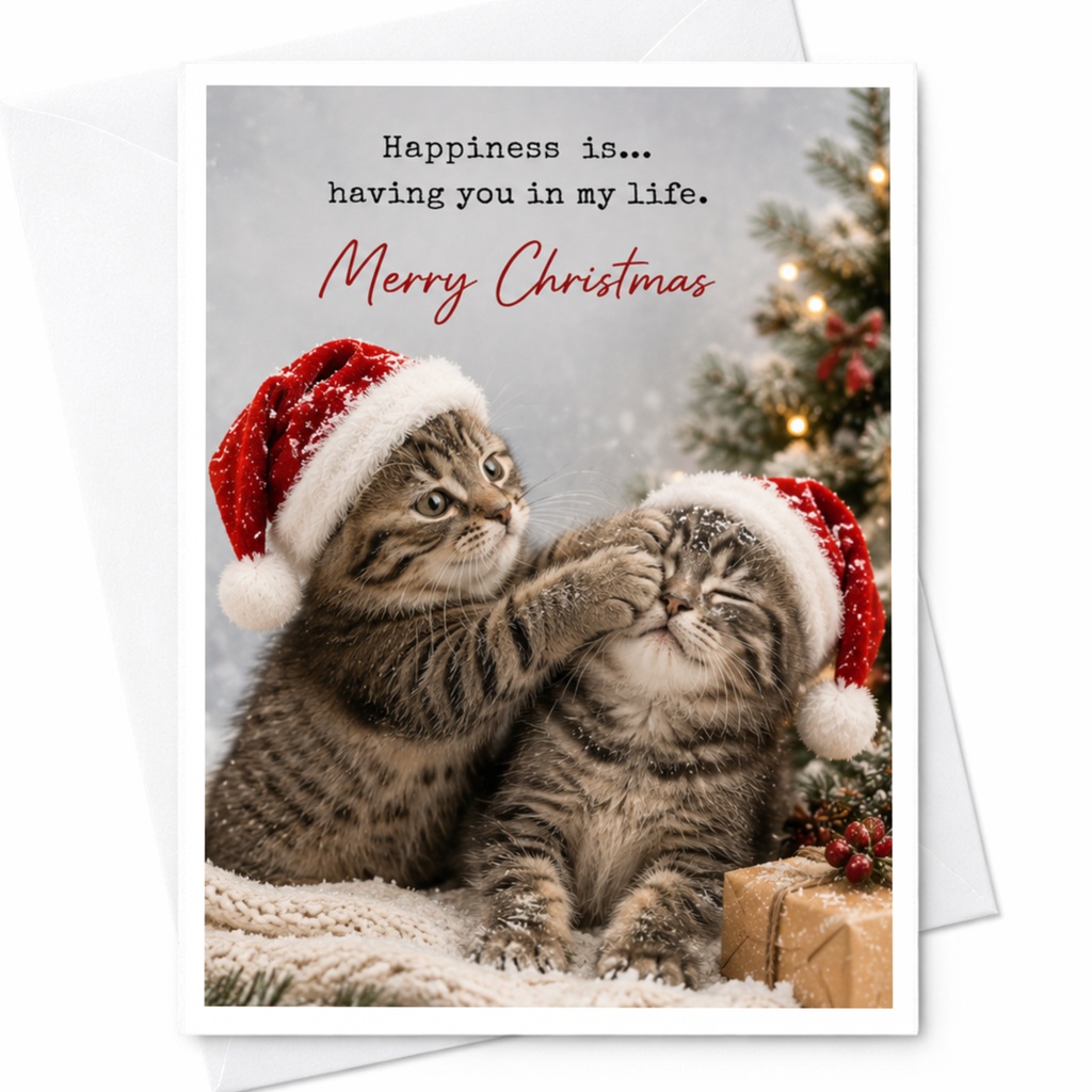 Happiness Is... Having You In My Life. Merry Christmas Cute Cat Christmas Card Adorable Kittens Santa Hats Holiday Greeting Card C7070