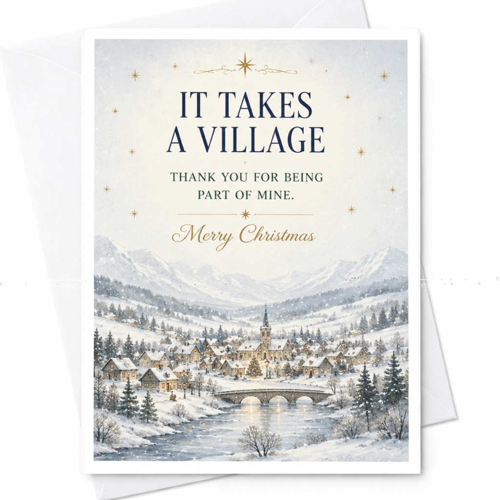 It Takes A Village Thank You For Being Part Of Mine. Merry Christmas Card Winter Village Scene Holiday Greeting Card For Friends F C7074