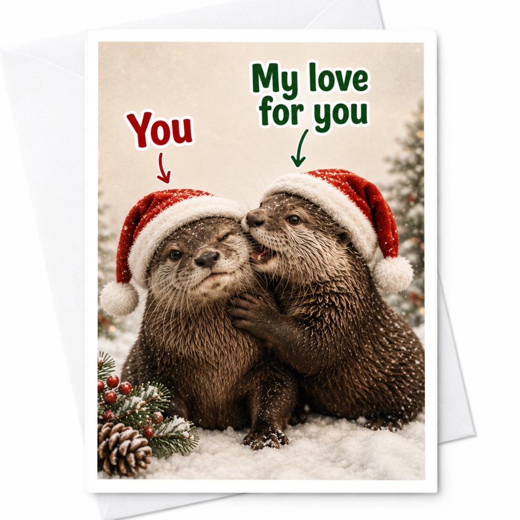 You My Love For You Christmas Card Cute Otters With Santa Hats Holiday Greeting Card For Couple Romantic Animal Card C7077