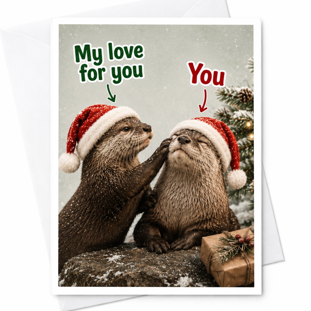 My Love For You Christmas Card Cute Otter Holiday Greeting Card For Couple Animal Lover Festive Card With Santa Hats C7078