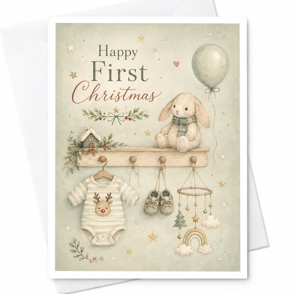 Happy First Christmas Card Cute Baby's First Christmas Greeting Card Bunny Illustration Newborn Holiday Card For Baby C7114