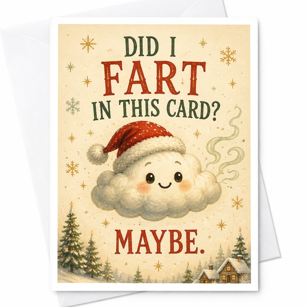 Did I Fart In This Card? Maybe. Funny Christmas Card Cute Cloud Santa Hat Holiday Greeting Card For Friend C7115