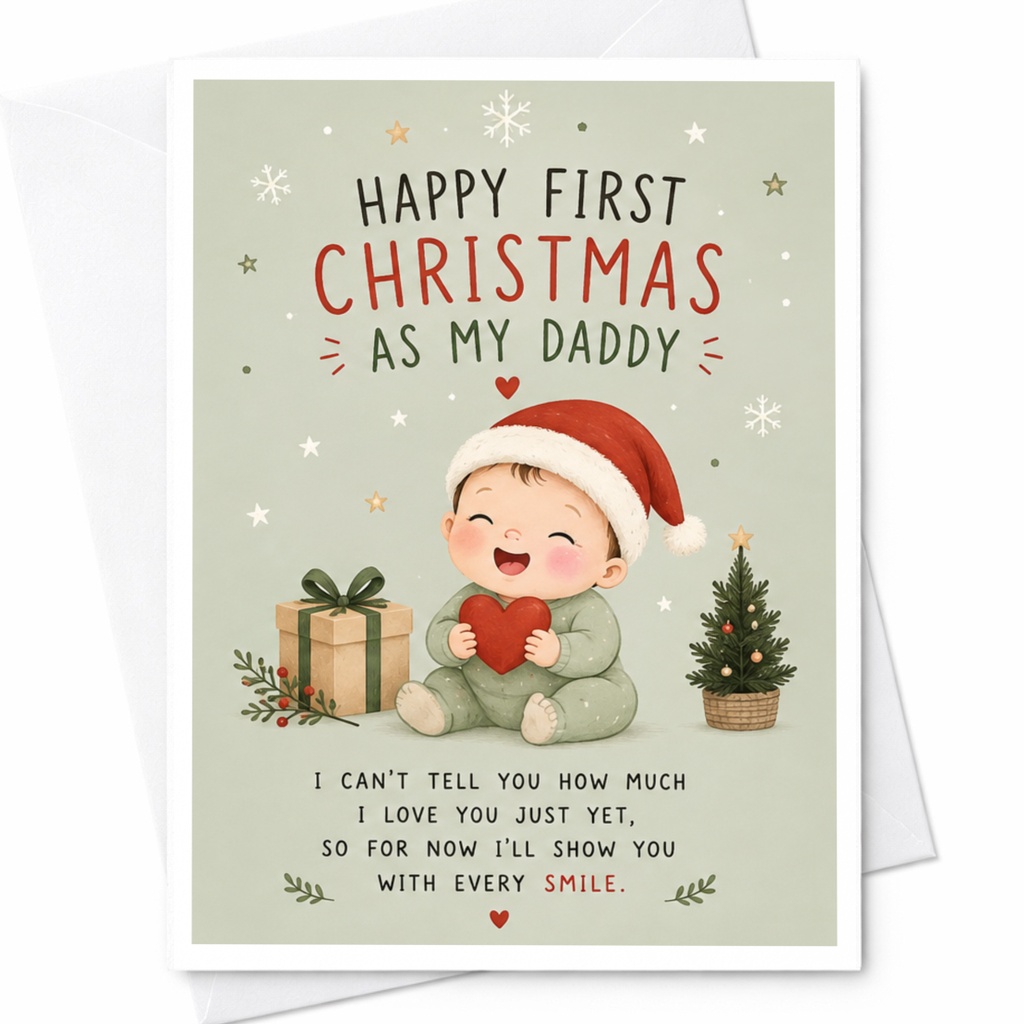 Happy First Christmas As My Daddy Cute Christmas Card From Baby To Dad First Holiday Greeting Card Adorable Santa Hat C7126