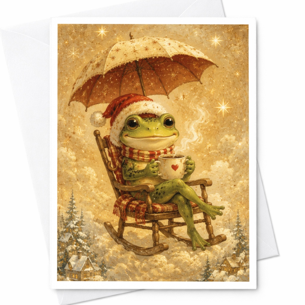 Frog Christmas Card Cute Holiday Greeting Card Festive Frog With Umbrella And Mug Winter Wonderland Scene For Animal Lover C7137