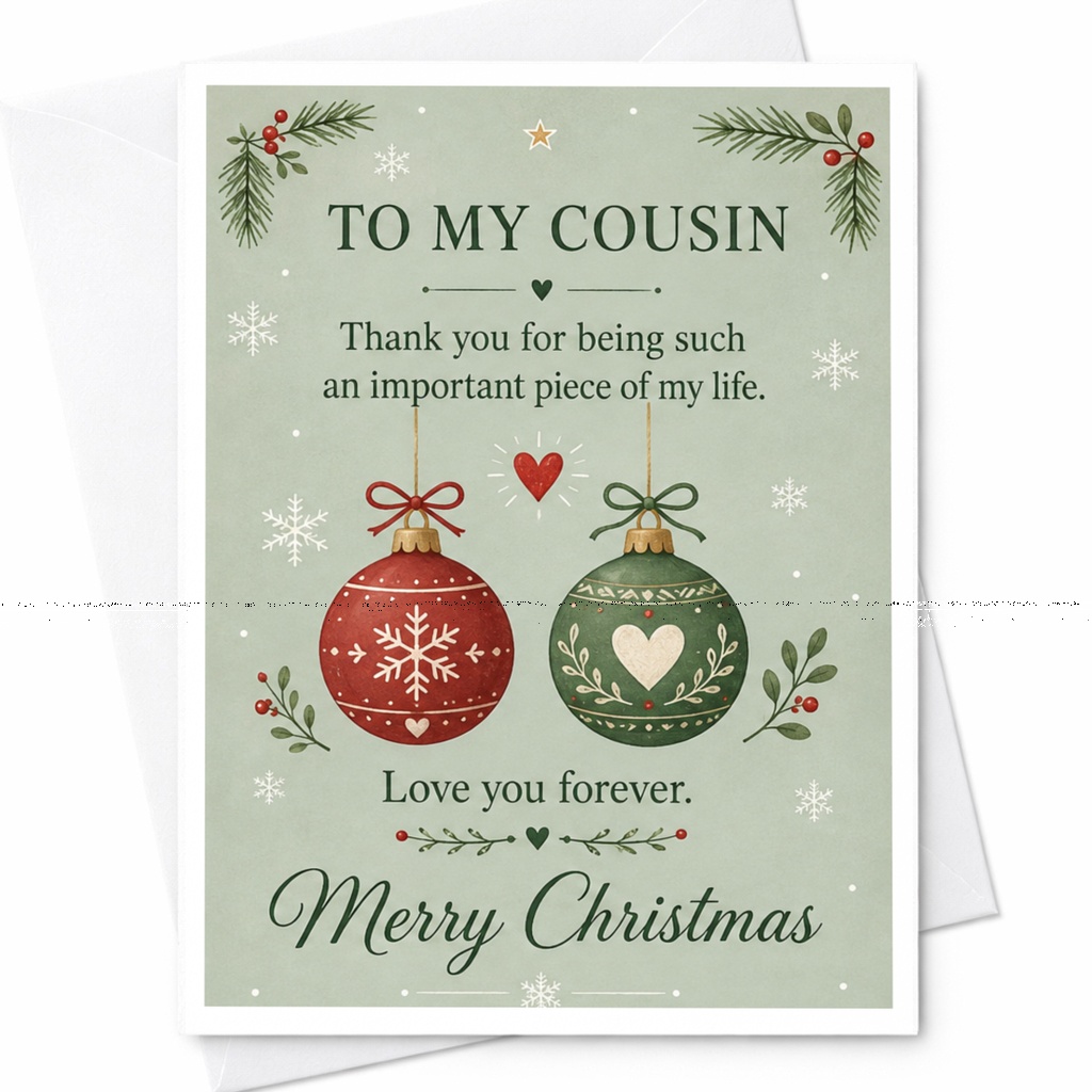 To My Cousin Merry Christmas Card Thank You For Being Important Piece Of My Life Love You Forever Holiday Card C7140