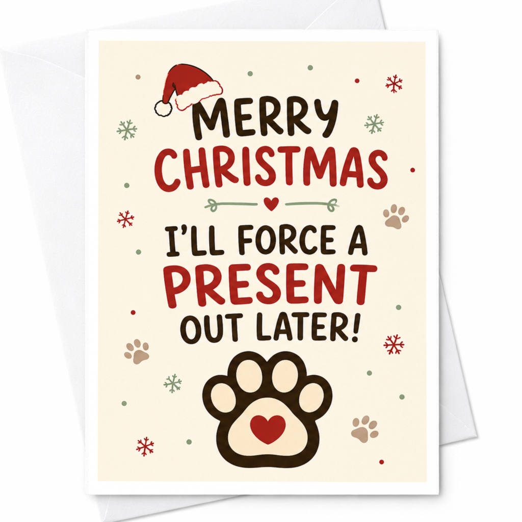 Merry Christmas I'll Force A Present Out Later! Funny Christmas Card Dog Lover Holiday Greeting Card Cute Pet C7143
