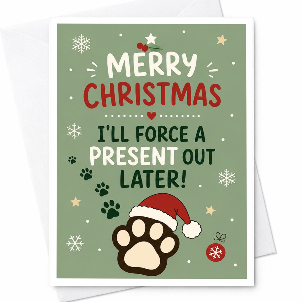 Merry Christmas I'll Force A Present Out Later! Funny Christmas Card Dog Lover Holiday Greeting Card Cute Pet C7144