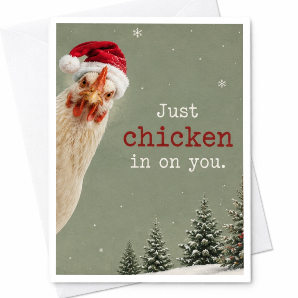 Just Chicken In On You Funny Christmas Card Cute Holiday Greeting Card Chicken Lover Santa Hat Winter C7088
