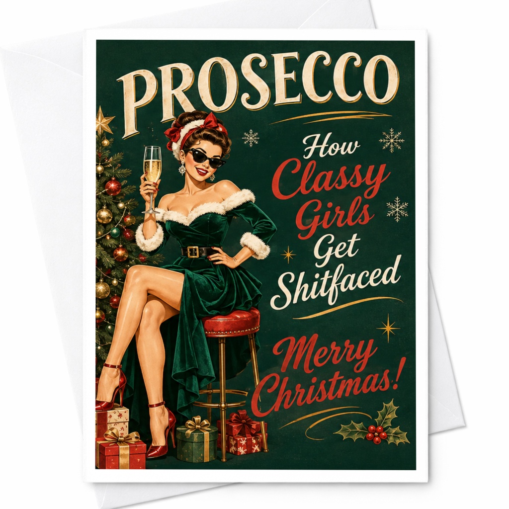 Prosecco How Classy Girls Get Shitfaced Merry Christmas! Funny Christmas Card Vintage Style Holiday Greeting Card C7090