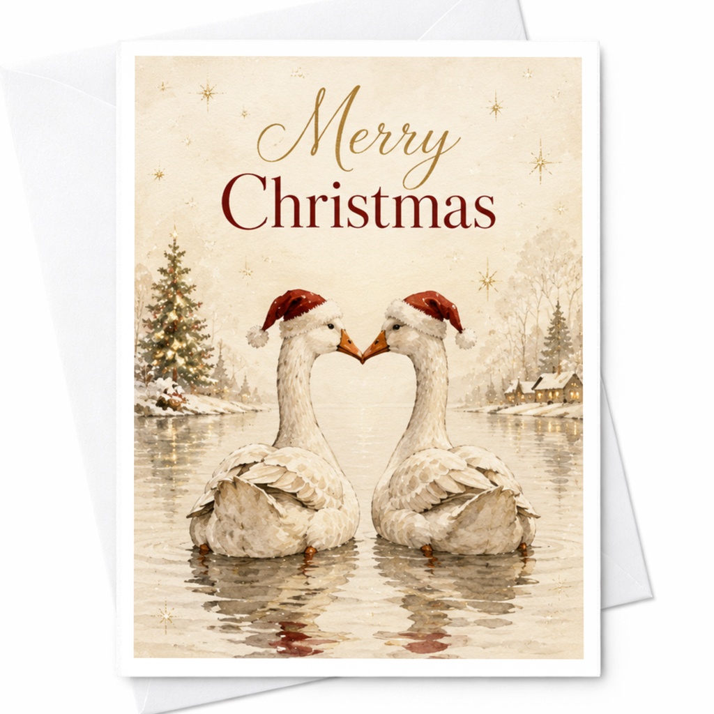 Merry Christmas Card Cute Swans With Santa Hats Holiday Greeting Card For Couple Romantic Winter Scene Christmas Card C7097