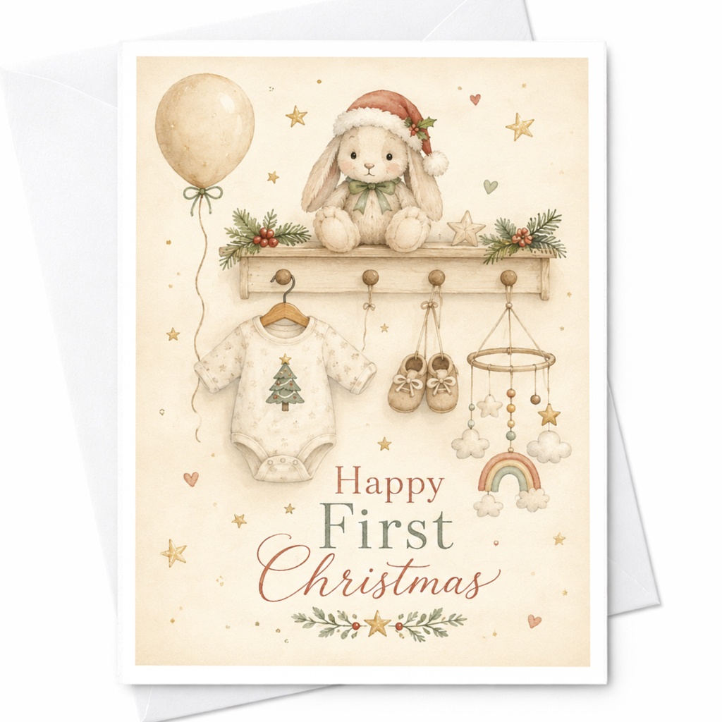 Happy First Christmas Card Cute Bunny Baby's First Christmas Card Newborn Holiday Greeting Card Adorable Festive Card C7113