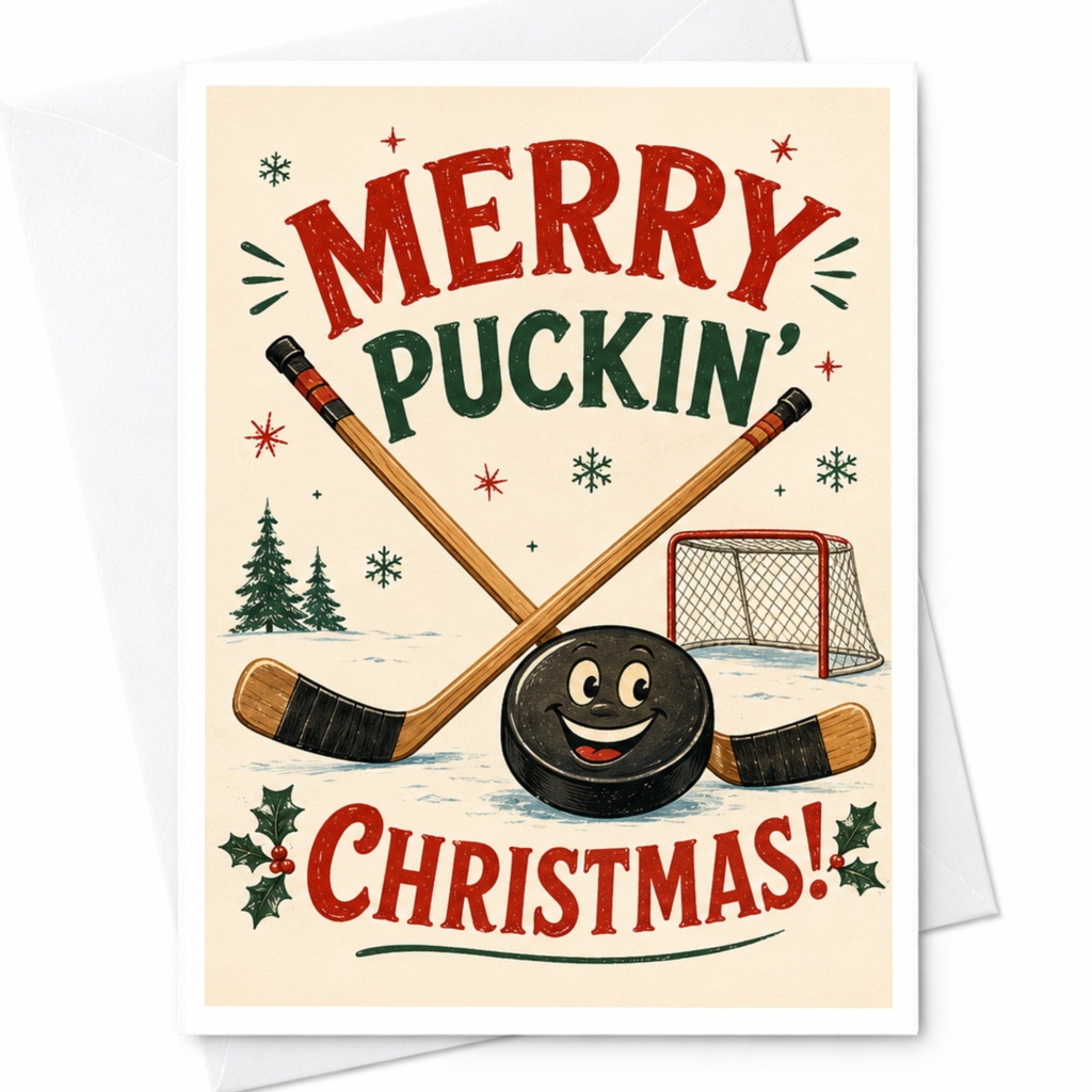 Merry Puckin' Christmas! Funny Hockey Christmas Card Sports Lover Holiday Greeting Card For Him Her Cute Winter Card C7123