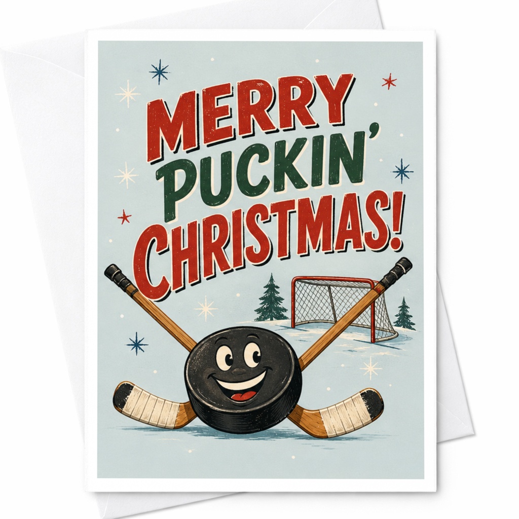 Merry Puckin' Christmas! Funny Hockey Christmas Card Sports Lover Holiday Greeting Card For Him Her Cute Winter Card C7124