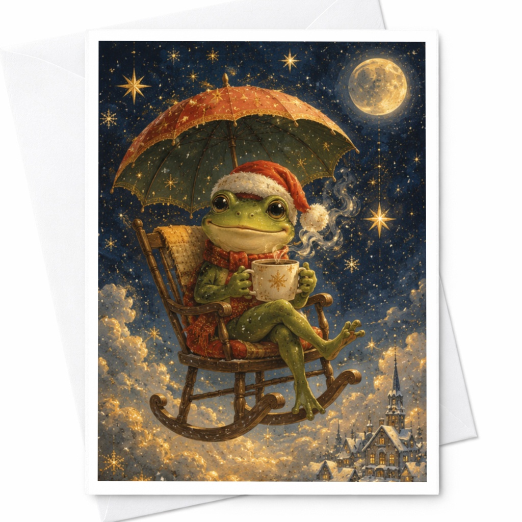 Frog Christmas Card Cute Animal Holiday Greeting Card Santa Hat Festive Winter Scene For Kids Family Whimsical Art C7138