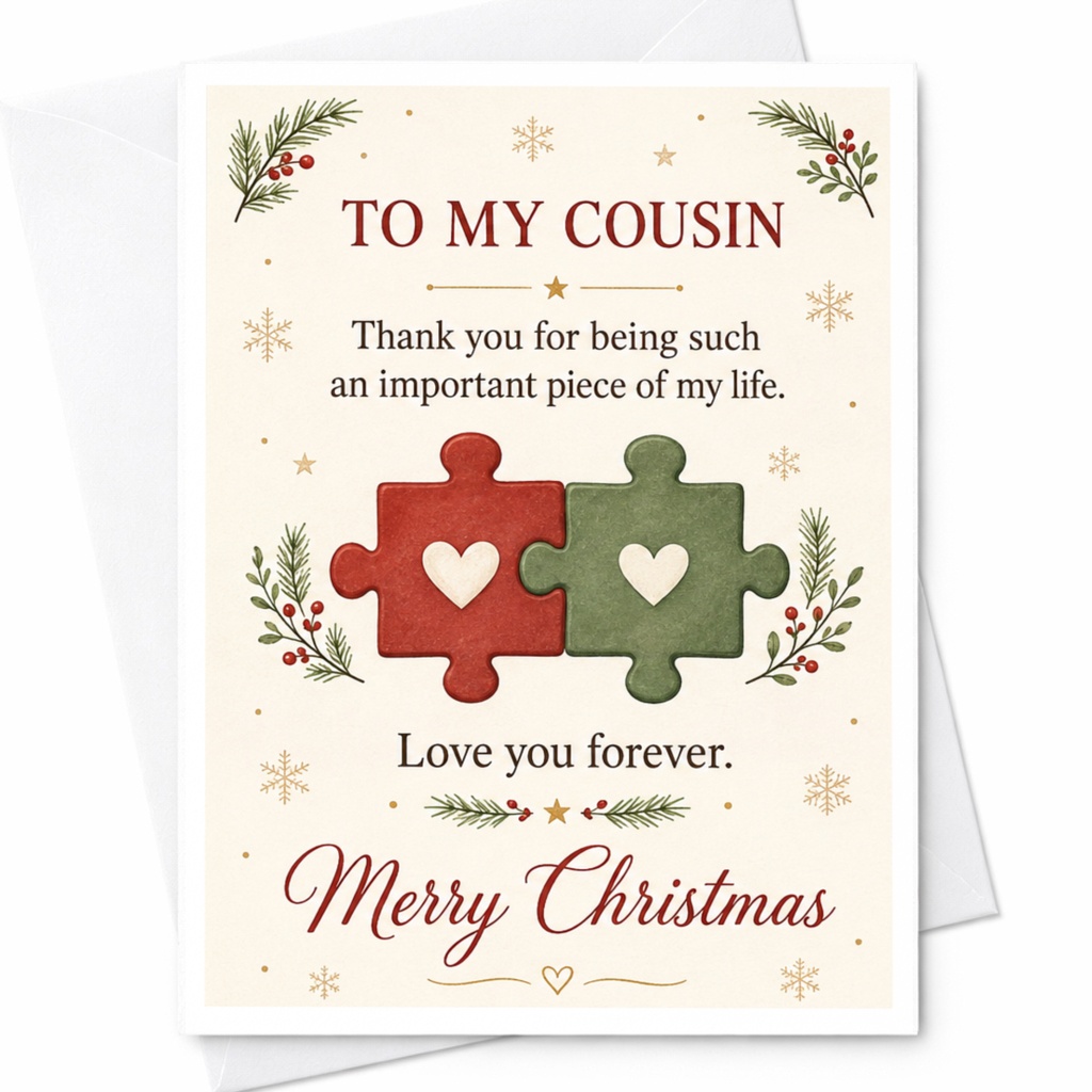 To My Cousin Merry Christmas Card Puzzle Pieces Heart Holiday Greeting Card For Cousin Sentimental Xmas Card C7139