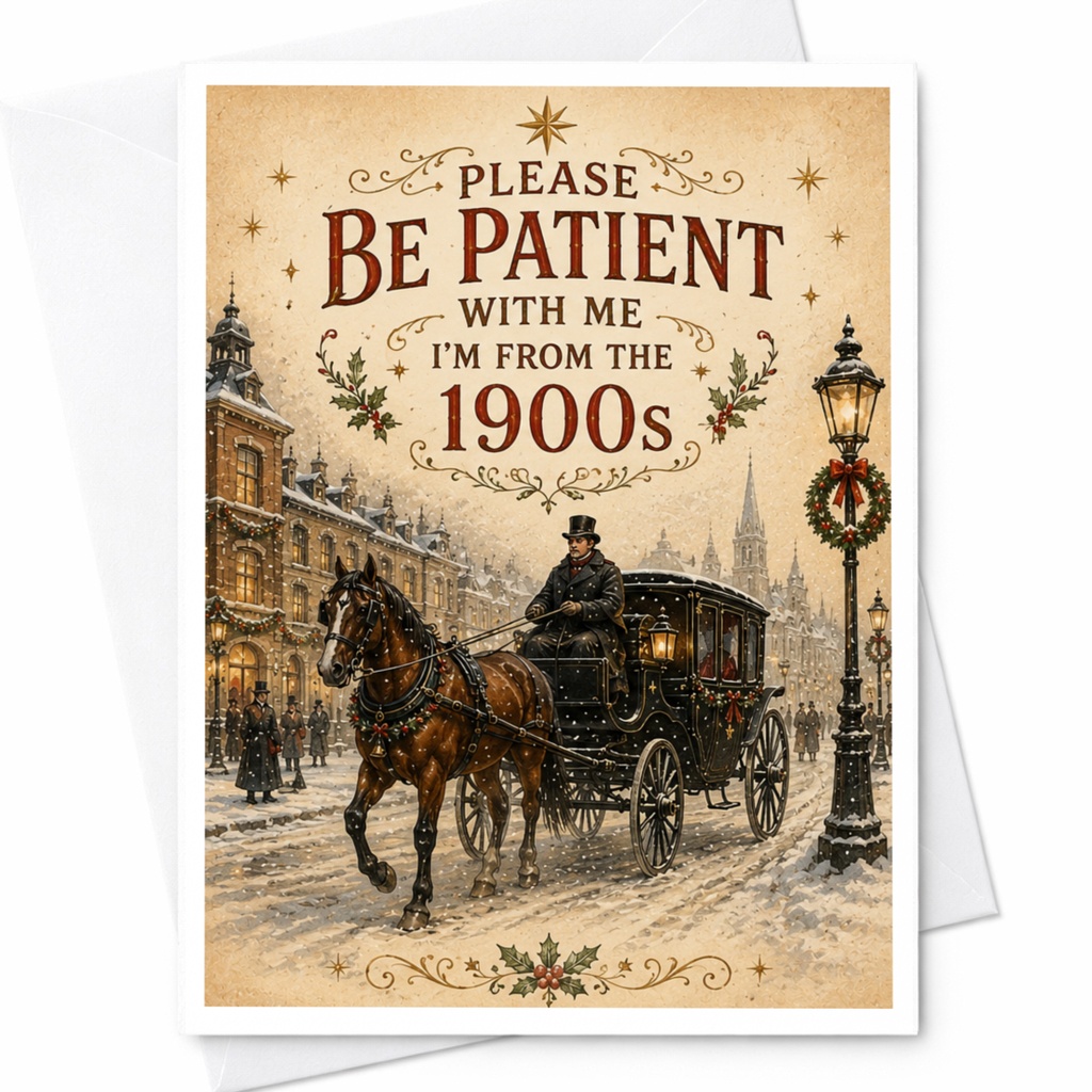Please Be Patient With Me I'm From The 1900s Greeting Card Vintage Horse-Drawn Carriage Funny Retro Style Card C7147