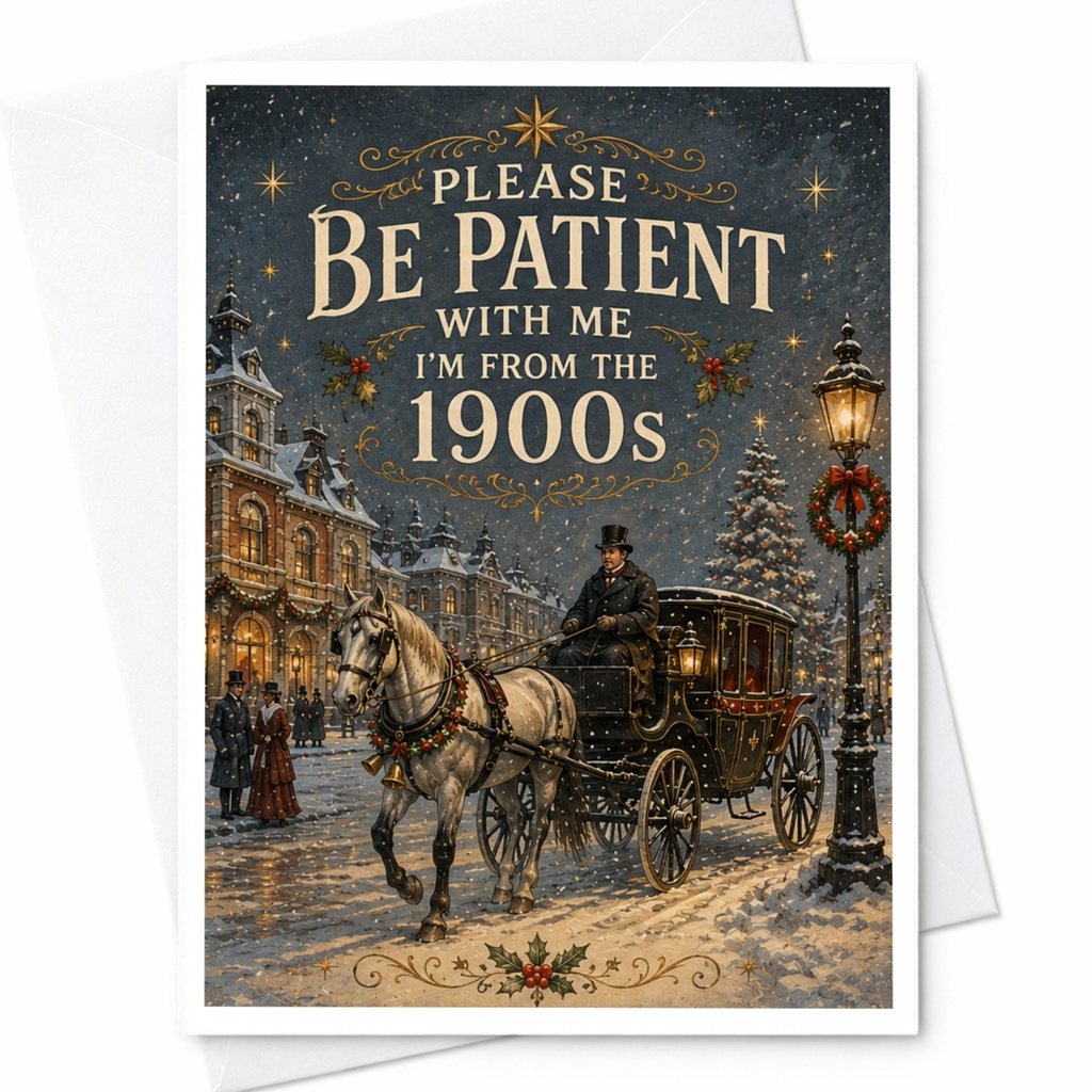 Please Be Patient With Me I'm From The 1900s Vintage Christmas Card Victorian Winter Scene Holiday Greeting Card For History Lover C7148