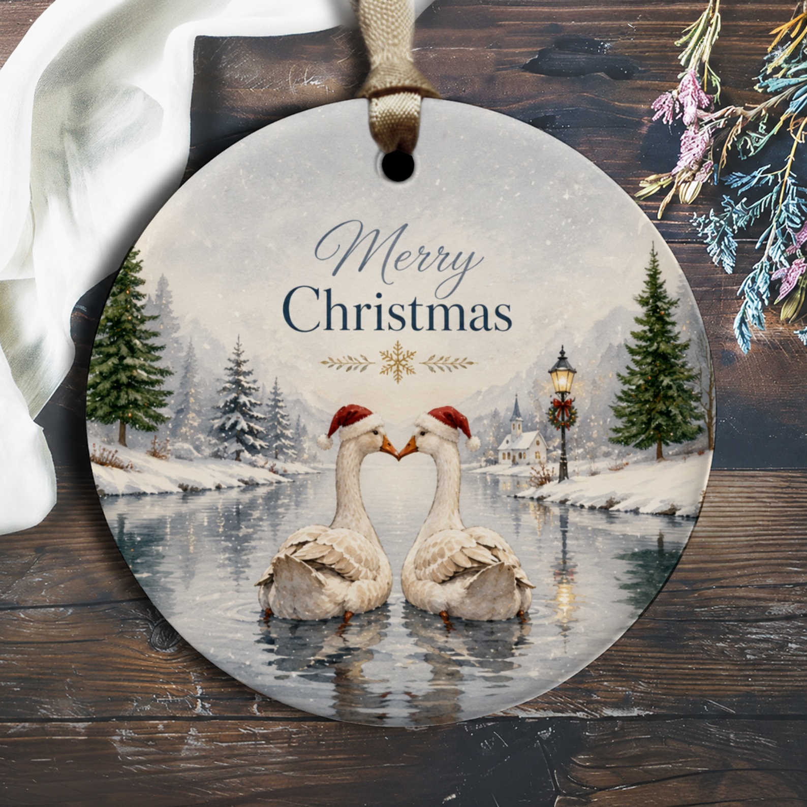 Merry Christmas Ornament Winter Swans Scene Holiday Decor Festive Home Decoration Christmas Tree Ornament Gift O2791