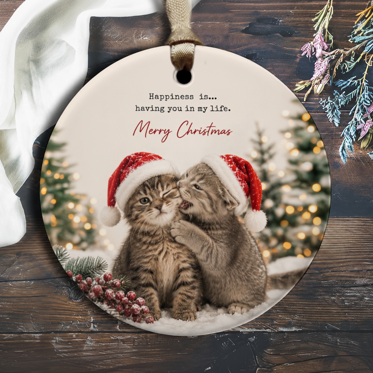 Happiness Is... Having You In My Life. Merry Christmas Ornament Cute Kittens Santa Hats Holiday Decor Christmas Tree Decoration O2847