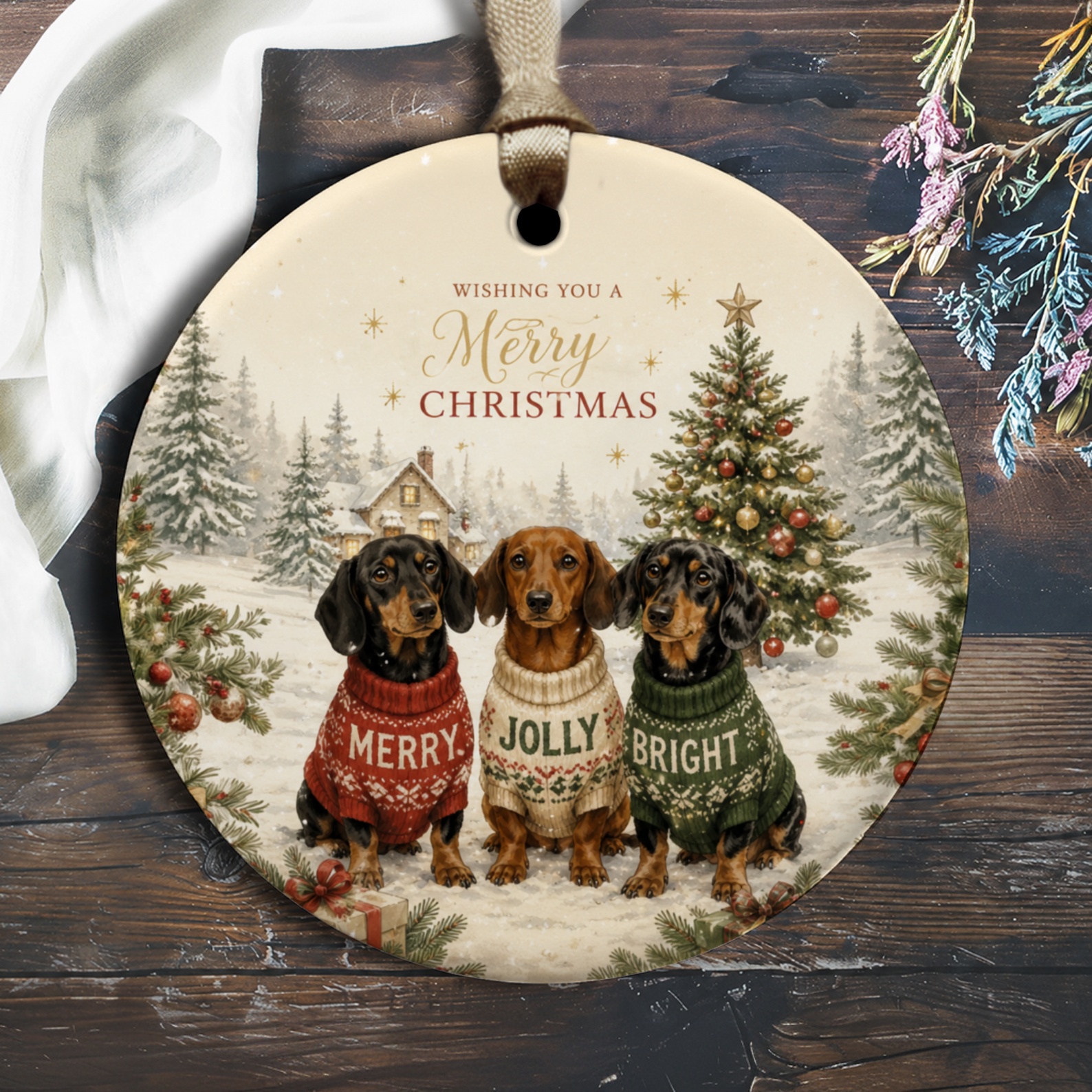 Wishing You A Merry Christmas Ornament Cute Dachshund Dogs Holiday Decor Festive Tree Decoration Pet Lover Gift O2857