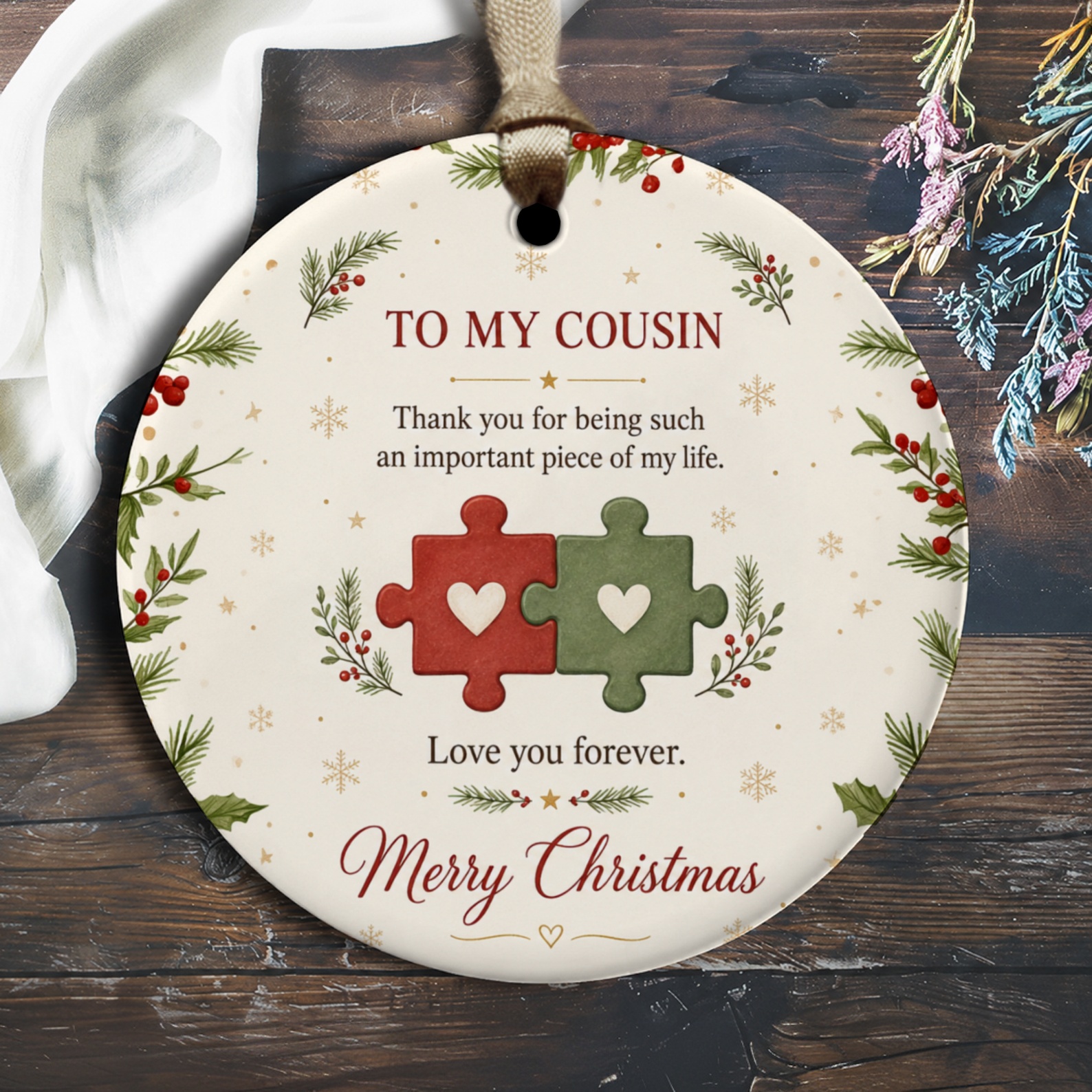 To My Cousin Merry Christmas Ornament Puzzle Pieces Heart Cousin Gift Holiday Decoration Love You Forever Sentimental O2778