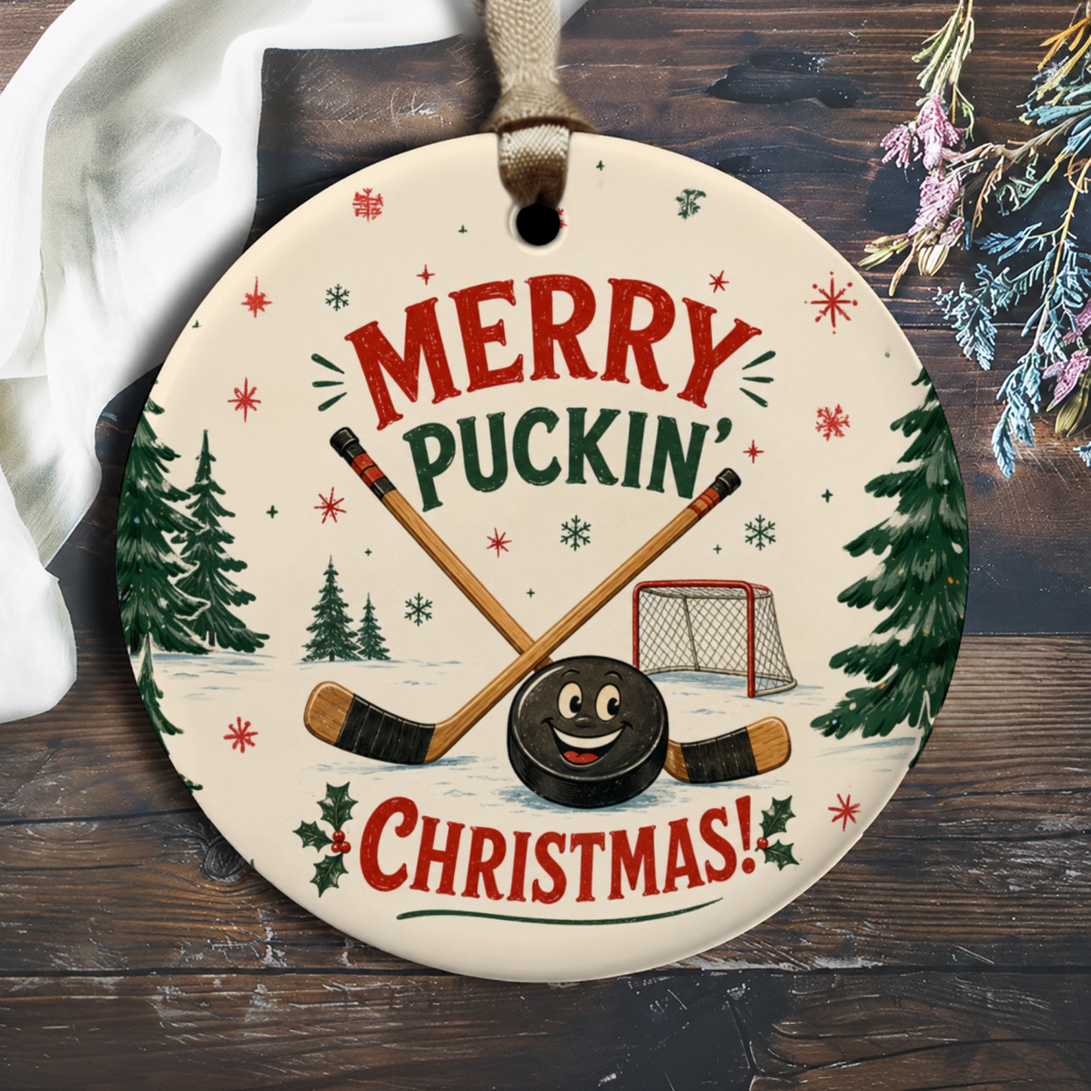 Merry Puckin' Christmas! Hockey Ornament Funny Christmas Decor Sports Lover Holiday Tree Decoration Winter Gift O2796