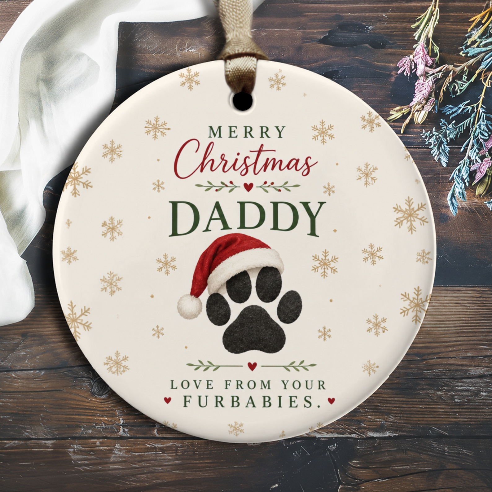 Merry Christmas Daddy Love From Your Furbabies Ornament Paw Print Santa Hat Christmas Gift For Dog Dad Pet Lover Holiday Decor O2815