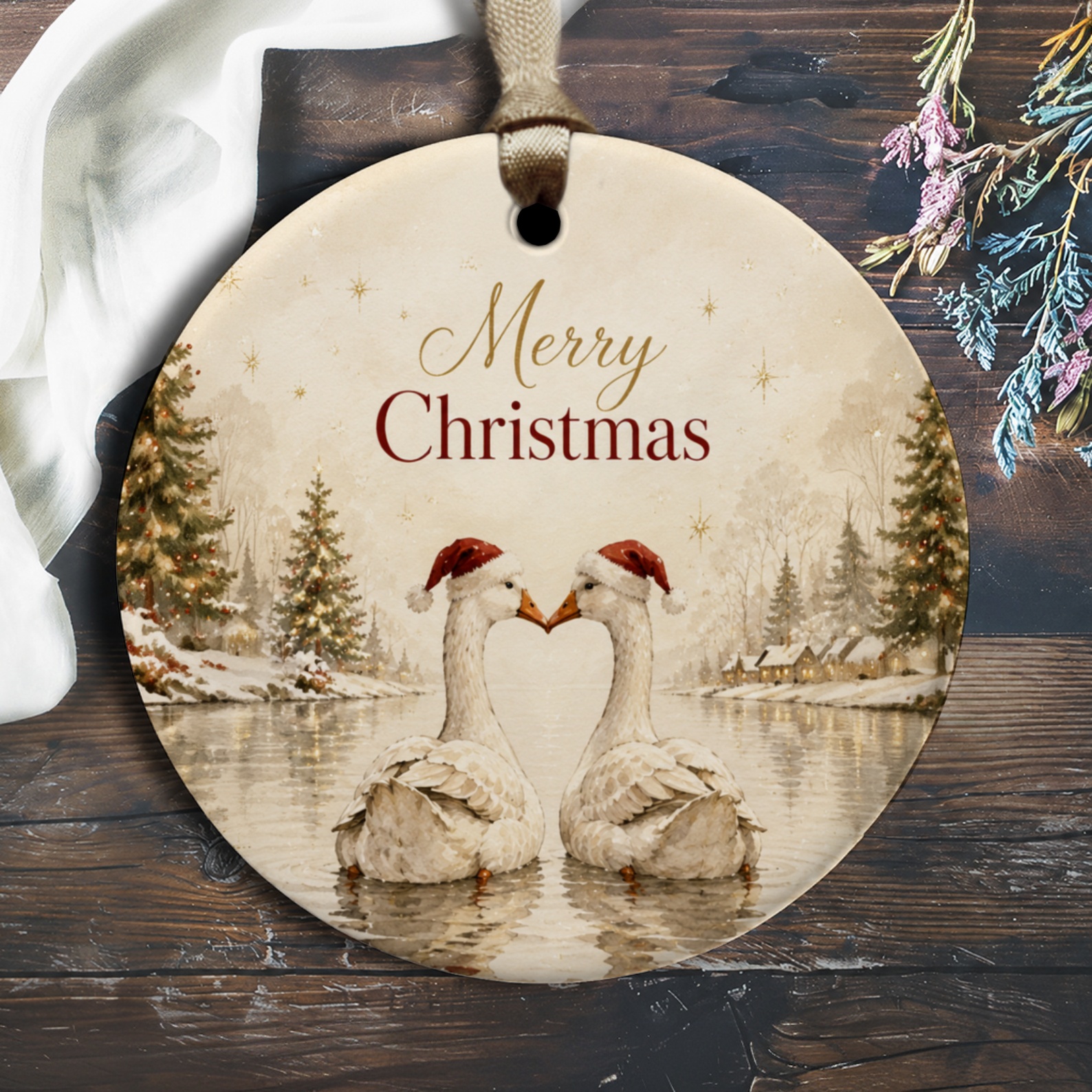 Merry Christmas Ornament Swans With Santa Hats Winter Scene Holiday Decor Christmas Tree Decoration Festive Home Ornament O2818