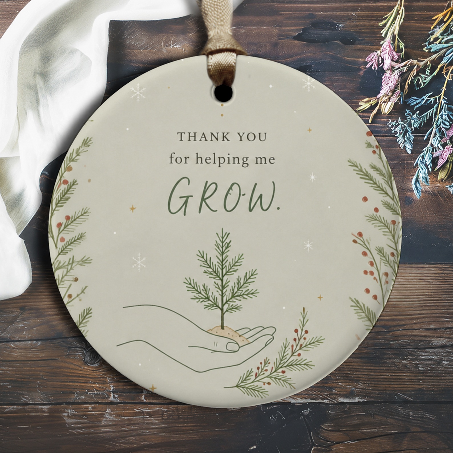 Thank You For Helping Me Grow Ornament Teacher Appreciation Gift Botanical Christmas Tree Decoration O2830