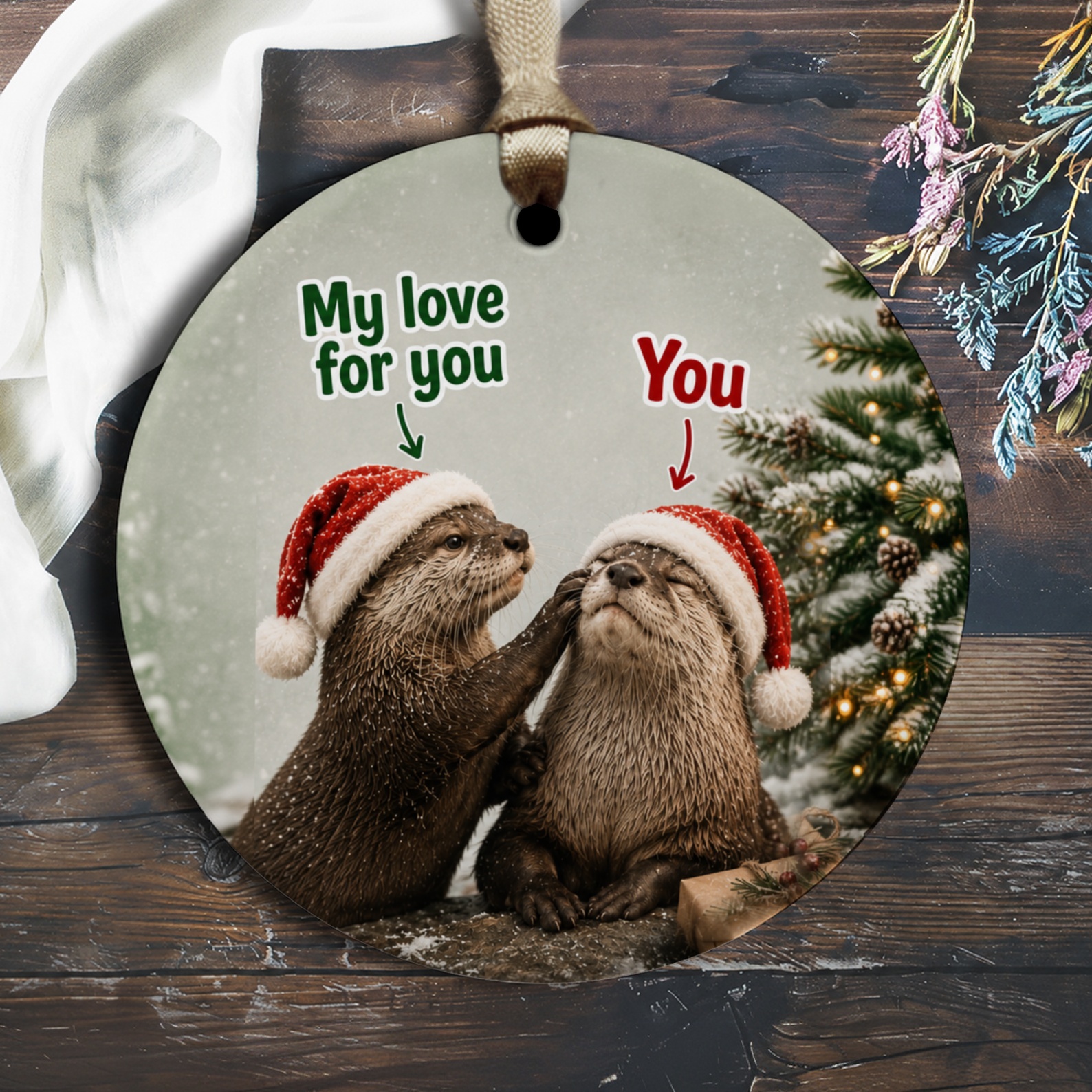 My Love For You Christmas Ornament Cute Otters With Santa Hats Holiday Decor For Animal Lovers Festive Tree Decoration O2838