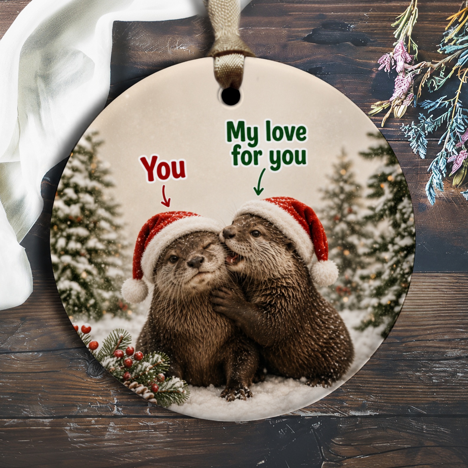 You My Love For You Christmas Ornament Cute Otters With Santa Hats Holiday Decor Animal Lover Gift Winter Decoration O2839