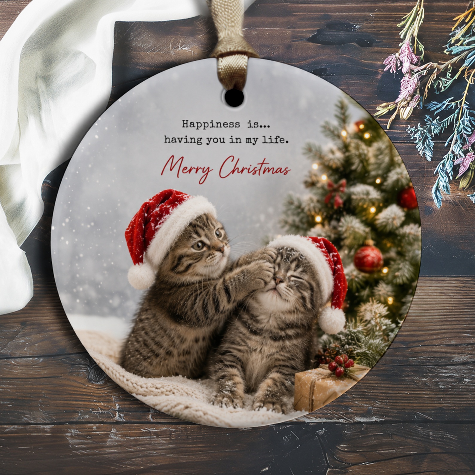 Happiness Is... Having You In My Life. Merry Christmas Ornament Cute Kittens Santa Hats Holiday Decor Cat Lover Gift O2846
