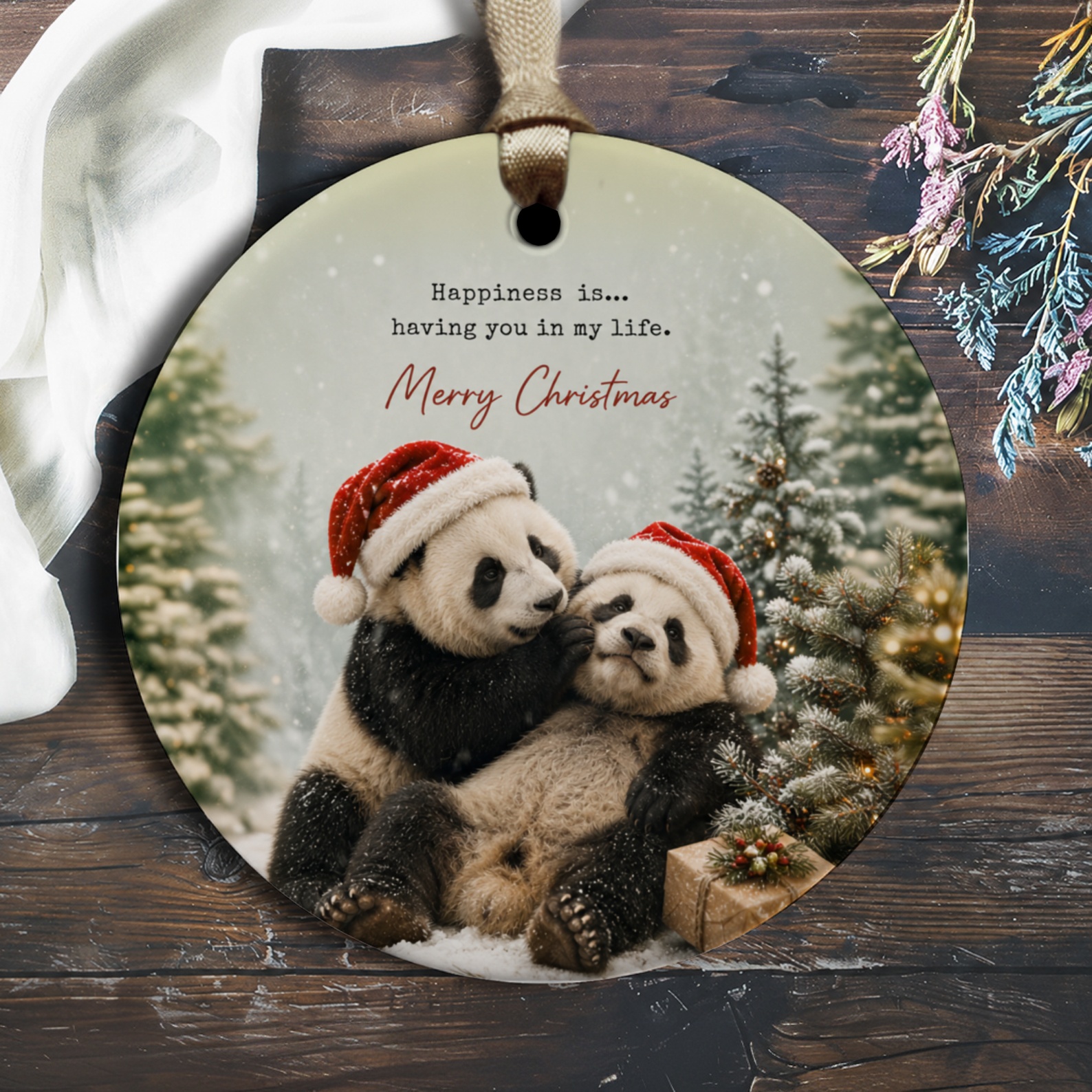 Happiness Is... Having You In My Life. Merry Christmas Panda Ornament Cute Holiday Decor Christmas Tree Decoration Gift O2848