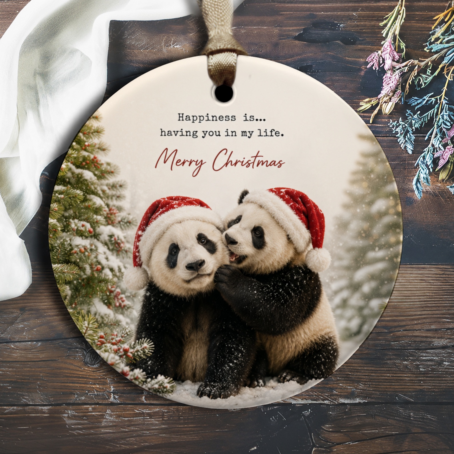 Happiness Is... Having You In My Life. Merry Christmas Panda Ornament Cute Holiday Decor Christmas Tree Decoration Gift O2849