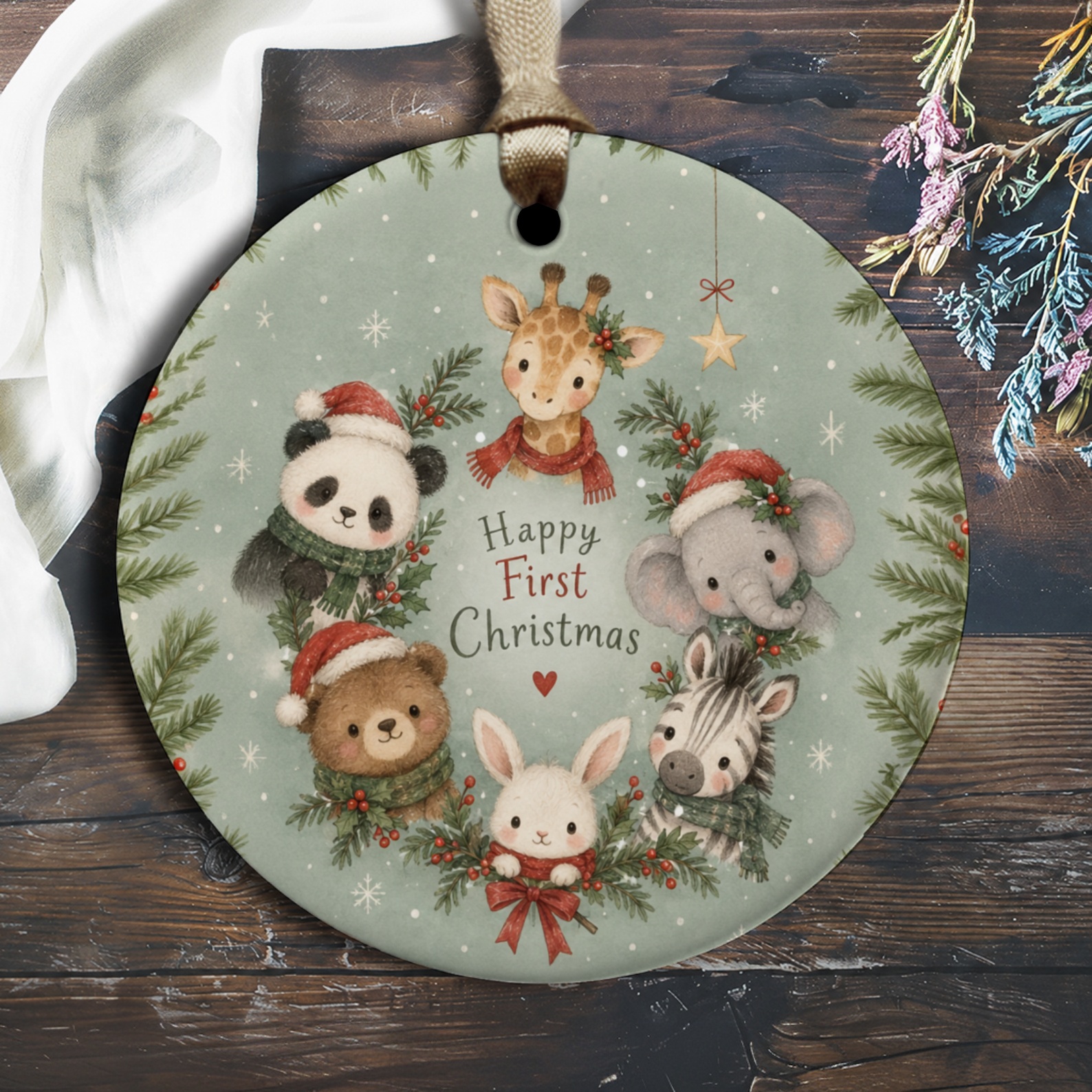 Happy First Christmas Ornament Cute Animal Wreath Baby's First Christmas Keepsake Holiday Decor Gift For New Parents O2852