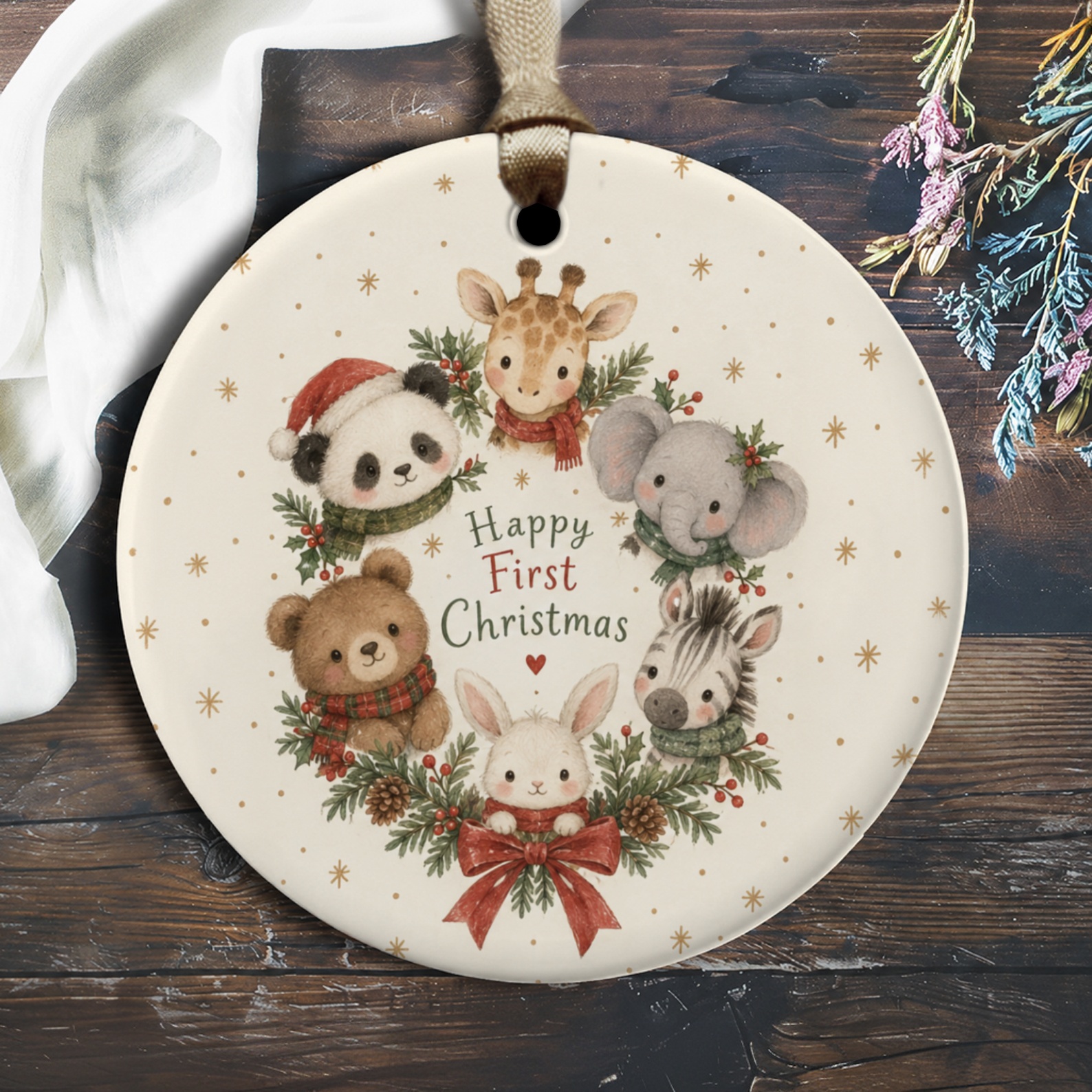 Happy First Christmas Ornament Cute Animal Wreath Baby's First Christmas Keepsake Holiday Decor Gift O2853