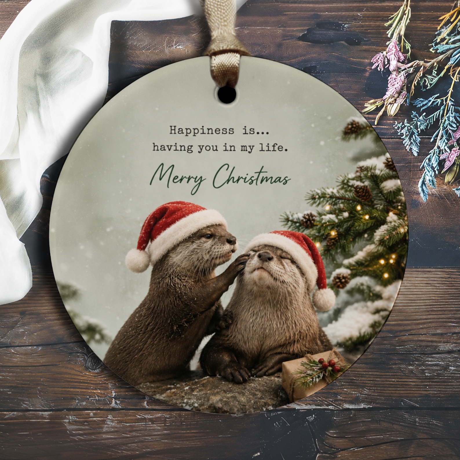 Happiness Is... Having You In My Life. Merry Christmas Ornament Cute Otter Couple Holiday Decor Animal Lovers Xmas Gift O2854