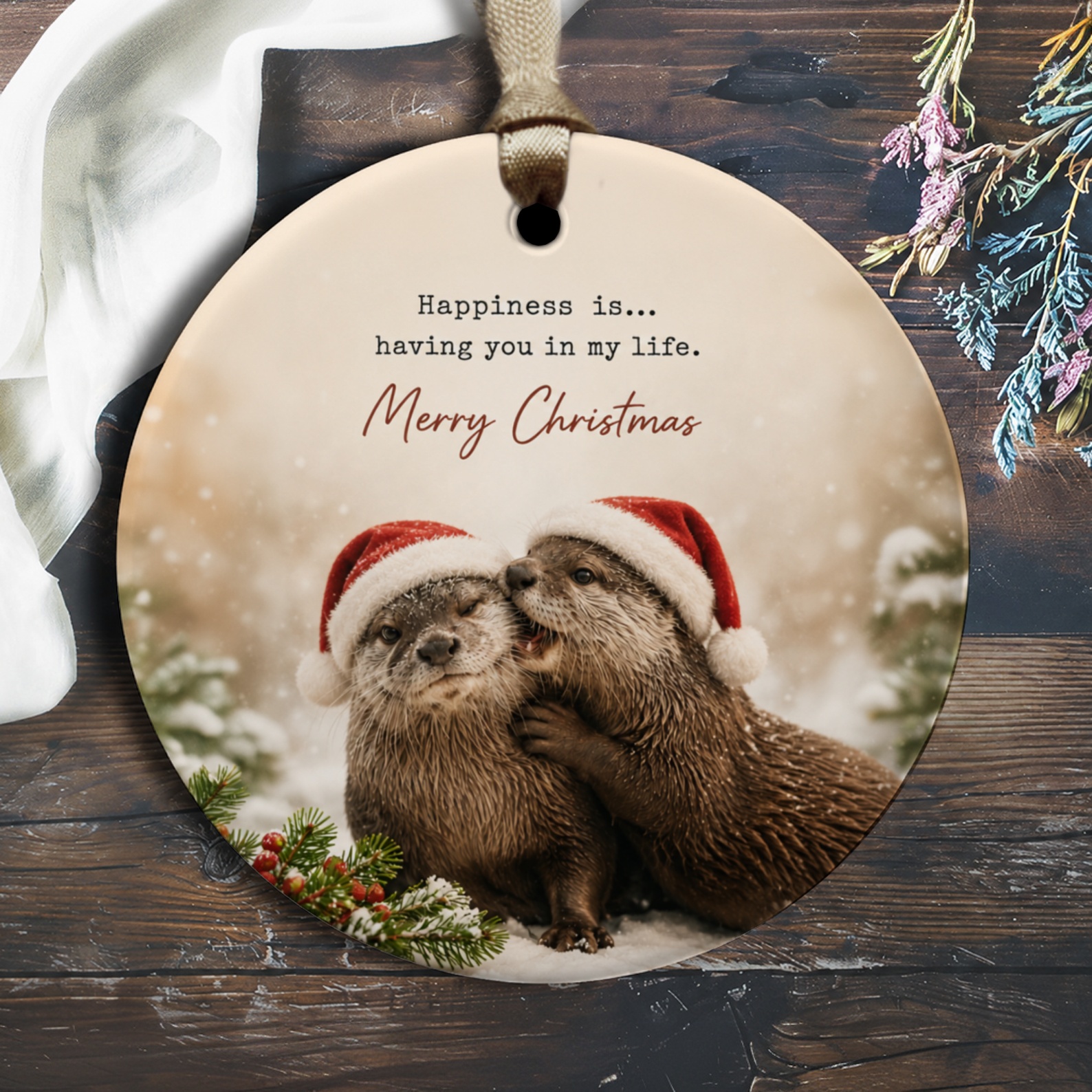Happiness Is... Having You In My Life. Merry Christmas Cute Otter Ornament Holiday Decor Animal Lover Gift Xmas Tree Decoration O2855