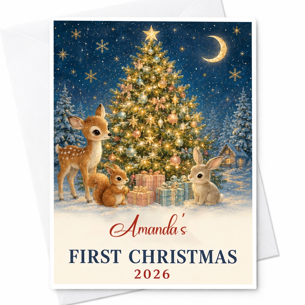 First Chrsitmas 2026 Personalized Christmas Card Woodland Animals Cute Holiday Greeting Card For Baby's First Christmas CP2