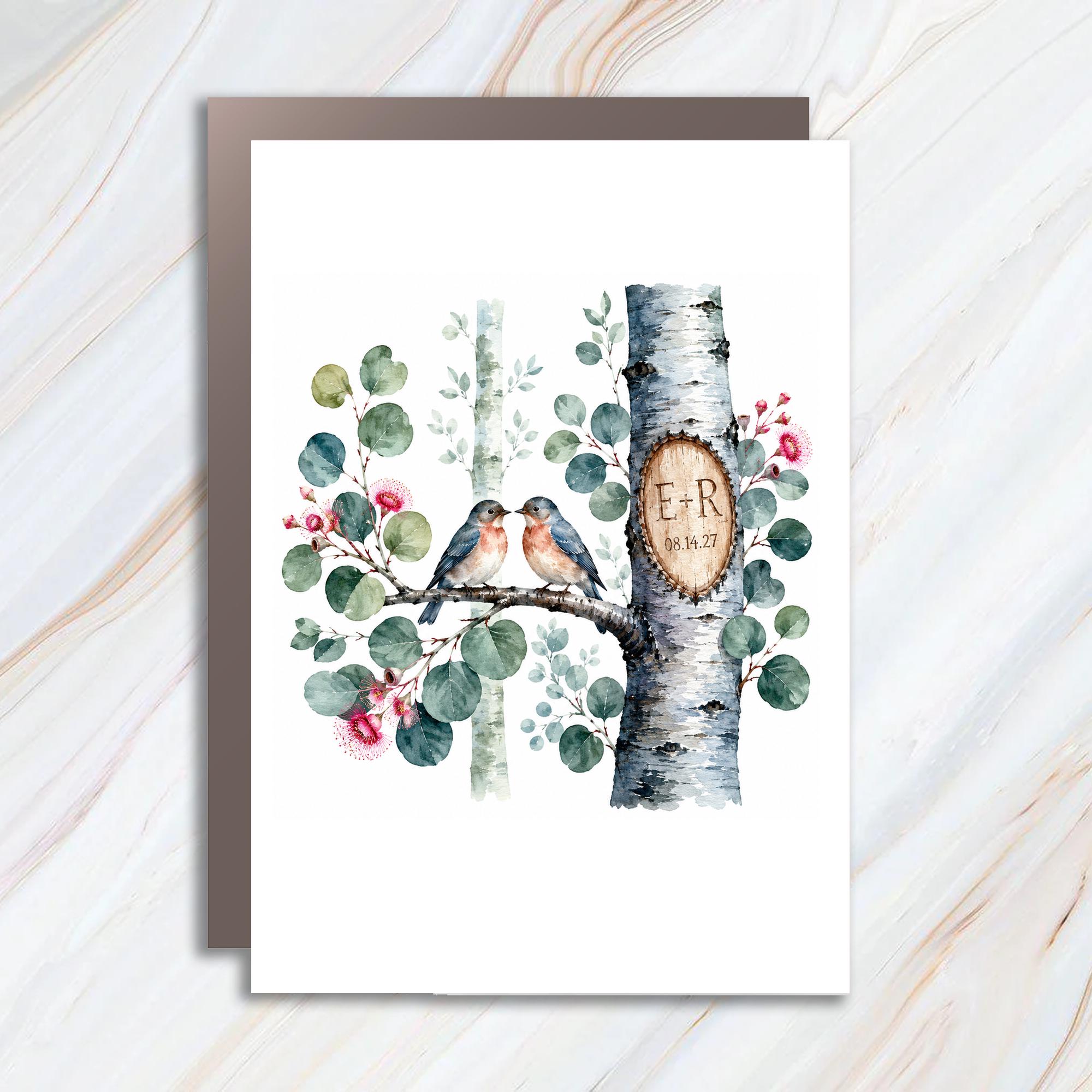 Anniversary Card Romantic Love Birds Personalized Wedding Date Greeting Card For Couple Watercolor Nature Art C1748