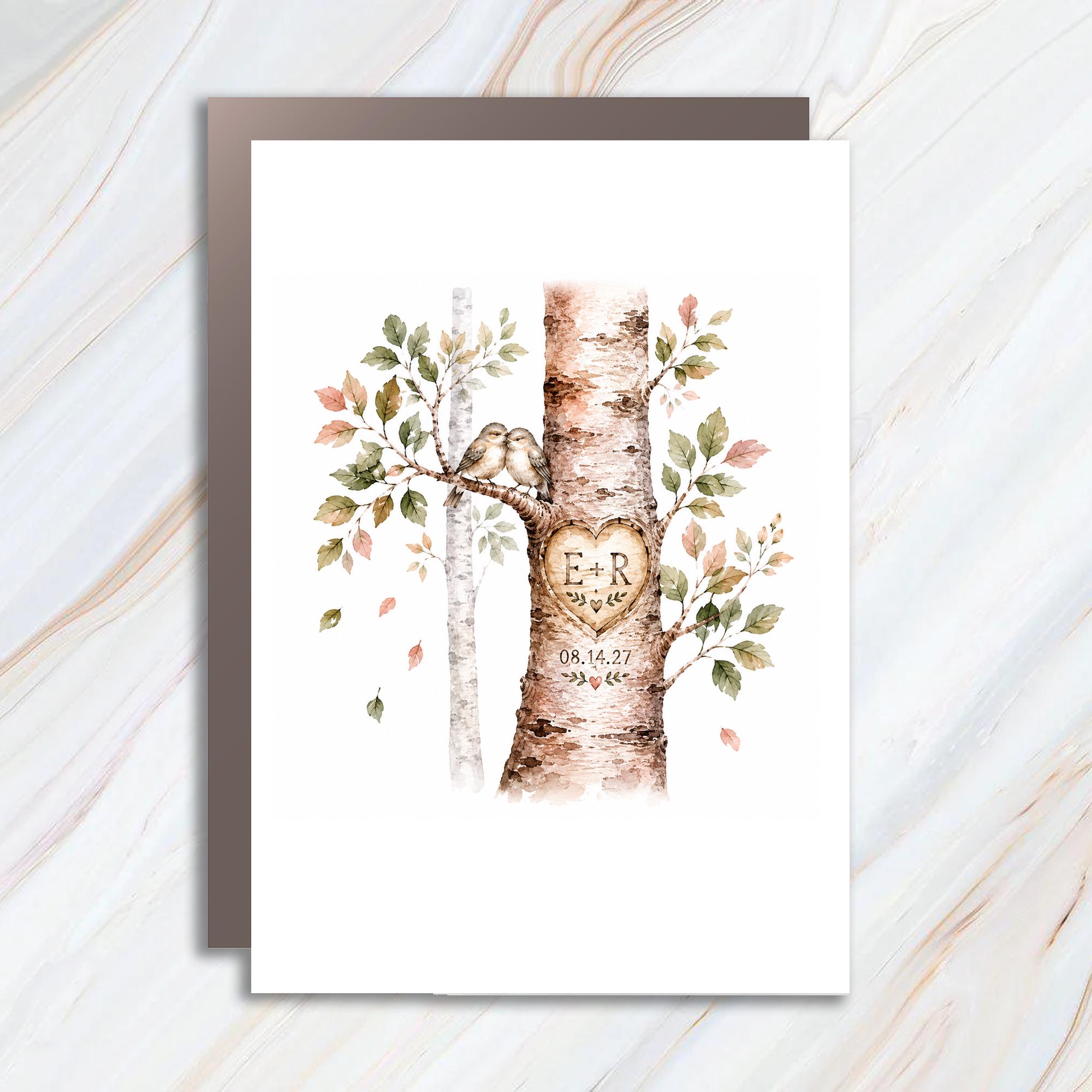 Wedding Anniversary Card Personalized Love Birds Tree Initials Romantic Couple Keepsake C1749