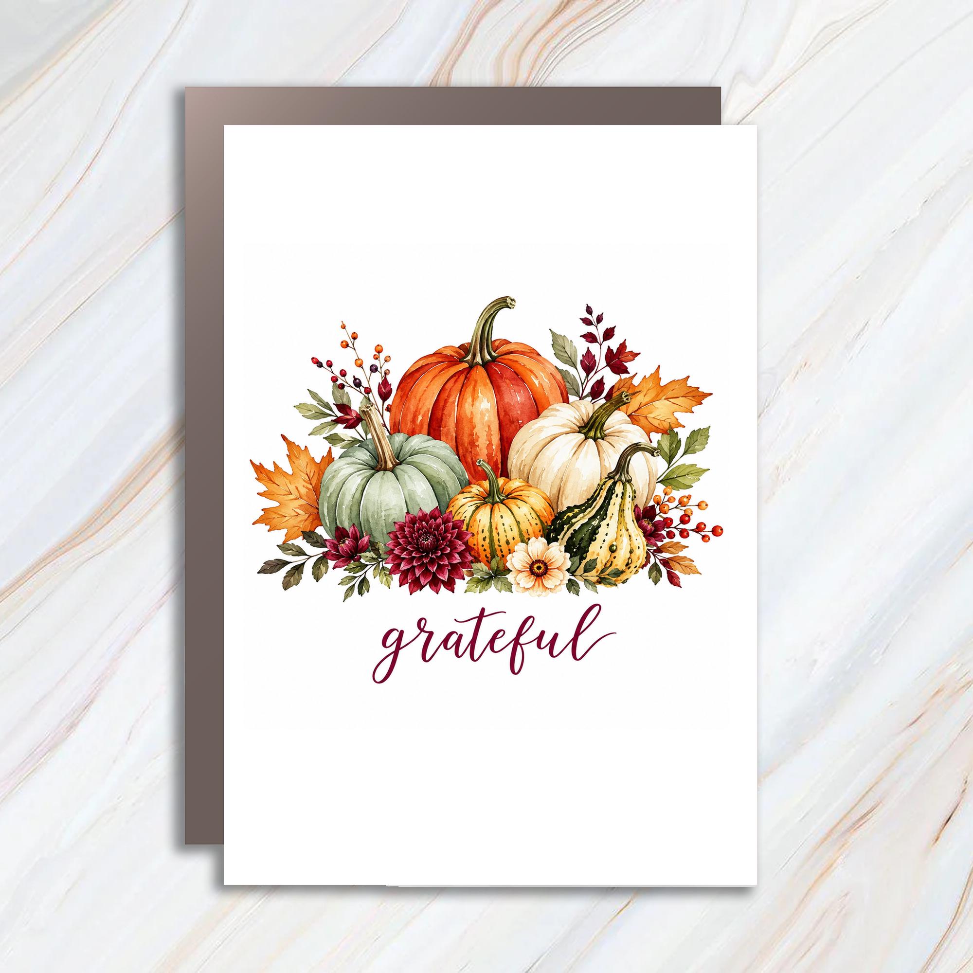 Grateful Thanksgiving Card Autumn Pumpkins Fall Leaves Watercolor Greeting Card For Friend Family Seasonal Celebration C1750